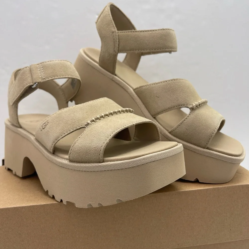 UGG NEW HEIGHTS ANKLE STRAP W9 PLATFORM HEELED SANDALS Beige MDSD Mustard Seed